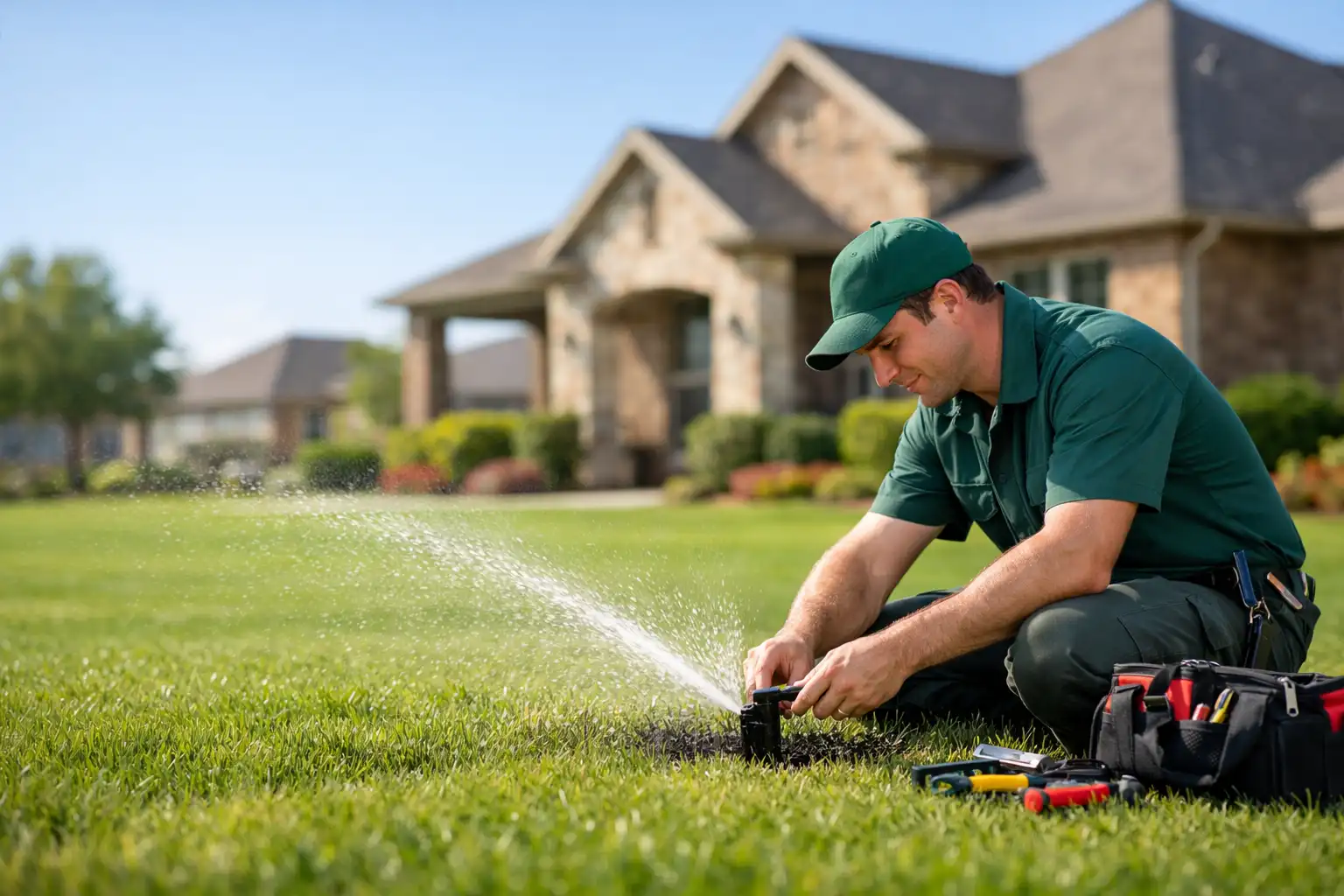 Professional sprinkler repair technician working on lawn in Spring TX